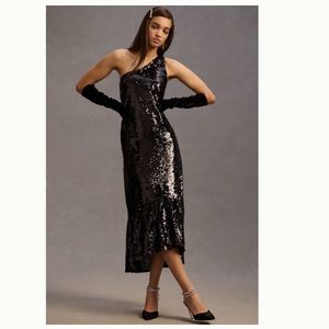 Anthropologie Maeve  Black One-Shoulder Sequin Dress